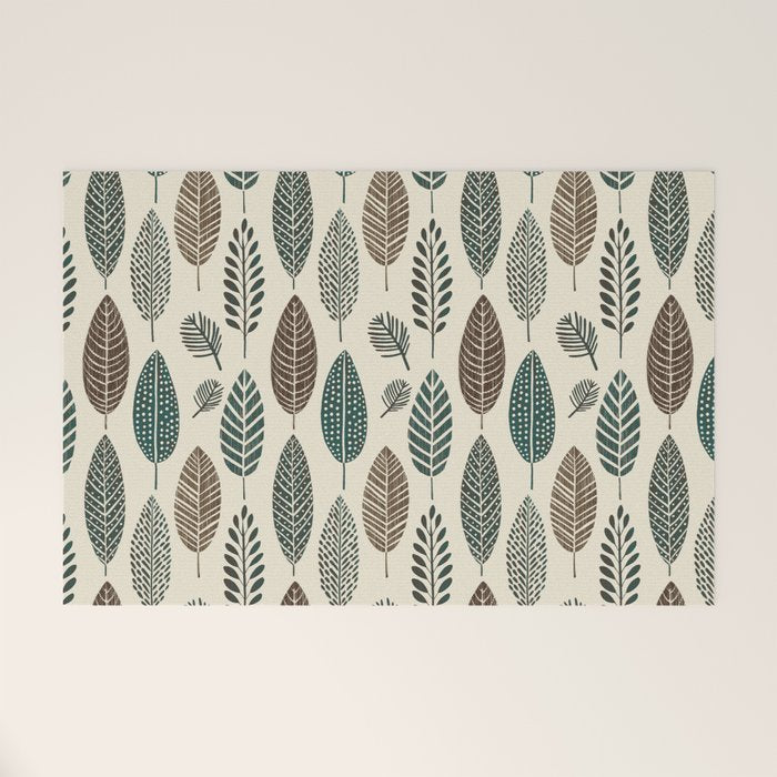 Rustic Autumn Vibe Textured Leaf Pattern Beige Green Welcome Mat Gallery Image 1