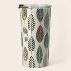 Rustic Autumn Vibe Textured Leaf Pattern Beige Green Travel Mug Gallery Image 3