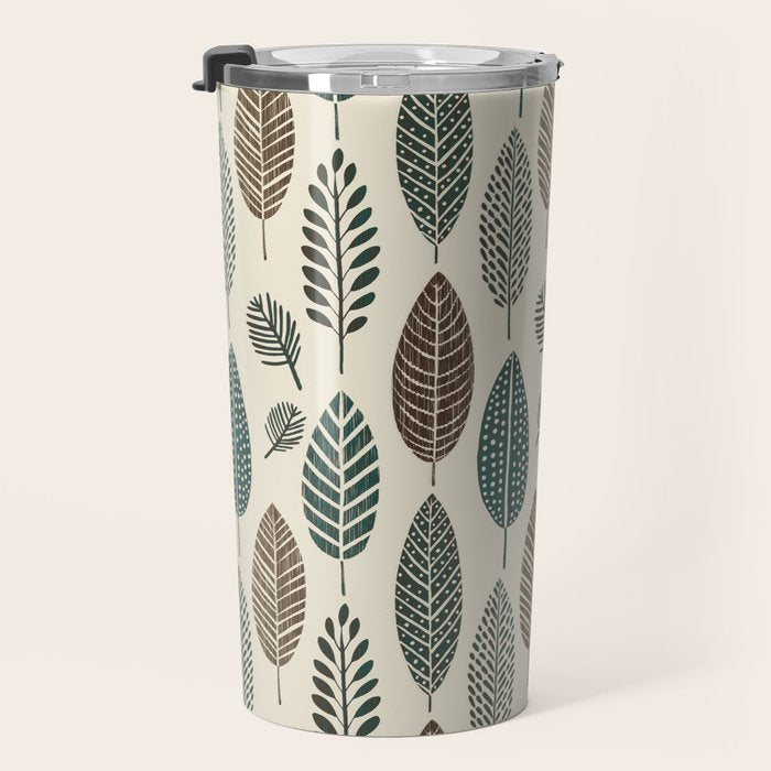 Rustic Autumn Vibe Textured Leaf Pattern Beige Green Travel Mug Gallery Image 3