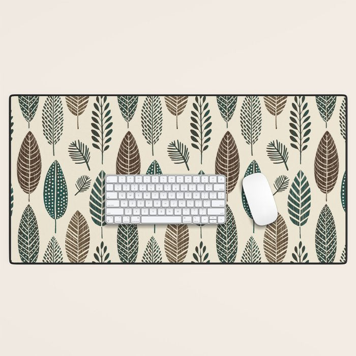 Rustic Autumn Vibe Textured Leaf Pattern Beige Green Desk Mat Gallery Image 1
