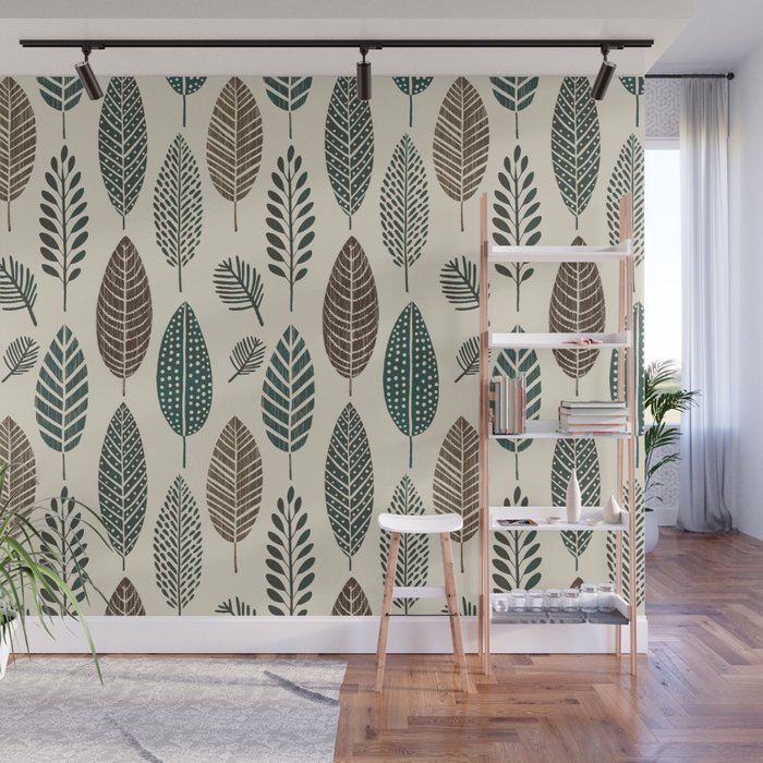 Rustic Autumn Vibe Textured Leaf Pattern Beige Green Wall Mural Gallery Image 1
