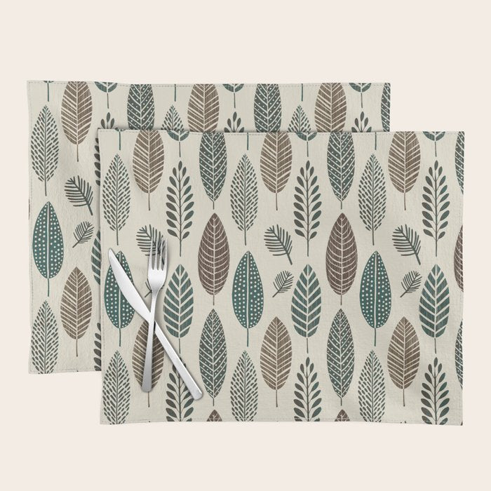 Rustic Autumn Vibe Textured Leaf Pattern Beige Green Placemat Gallery Image 1