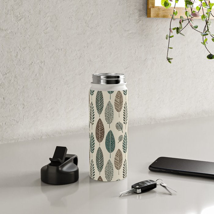 Rustic Autumn Vibe Textured Leaf Pattern Beige Green Water Bottle Gallery Image 4