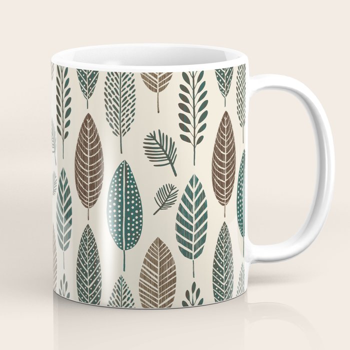 Rustic Autumn Vibe Textured Leaf Pattern Beige Green Coffee Mug Gallery Image 1