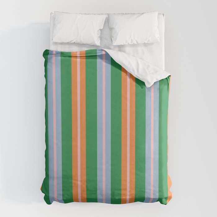 Colorful Stripes Bold Vertical Pattern in Green, Baby Blue, Orange, and Pink Duvet Cover Gallery Image 1