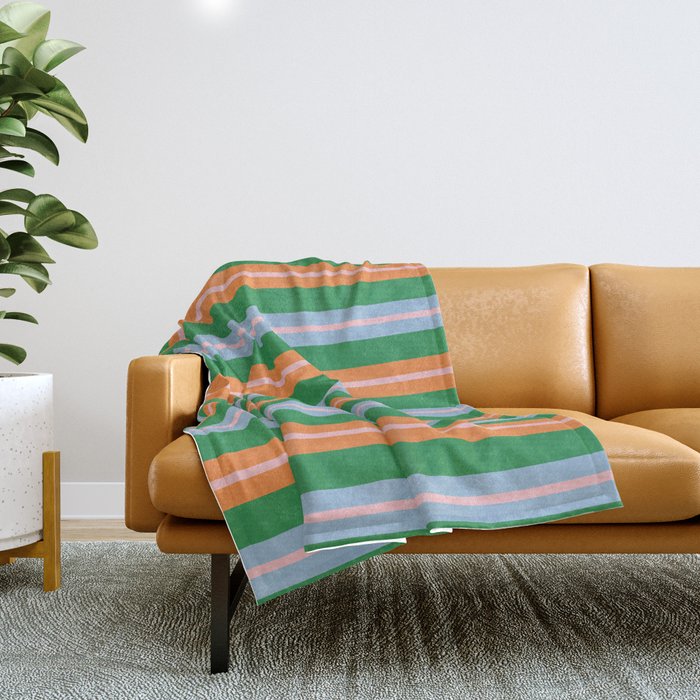 Colorful Stripes Bold Vertical Pattern in Green, Baby Blue, Orange, and Pink Throw Blanket Gallery Image 1