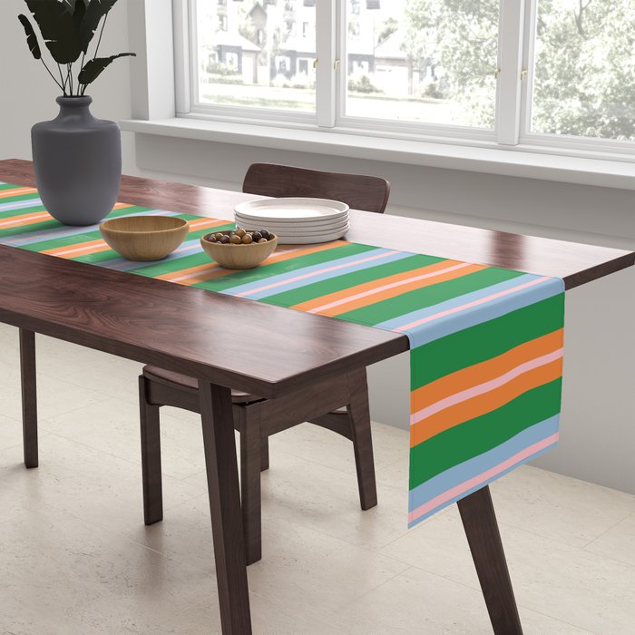 Colorful Stripes Bold Vertical Pattern in Green, Baby Blue, Orange, and Pink Table Runner Gallery Image 2