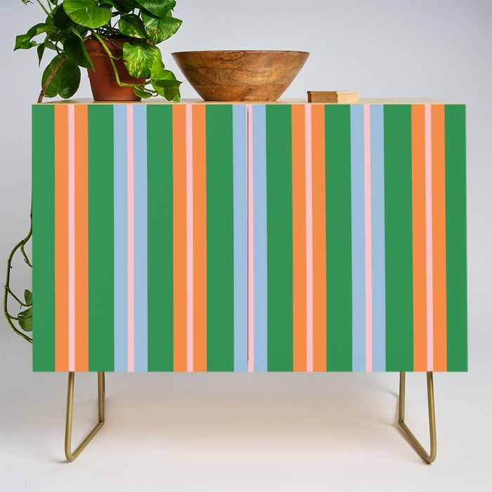 Colorful Stripes Bold Vertical Pattern in Green, Baby Blue, Orange, and Pink Credenza Gallery Image 1