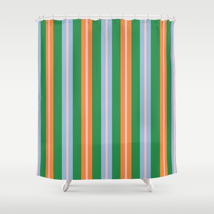 Colorful Stripes Bold Vertical Pattern in Green, Baby Blue, Orange, and Pink Shower Curtain Gallery Image 1