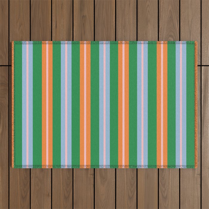 Colorful Stripes Bold Vertical Pattern in Green, Baby Blue, Orange, and Pink Outdoor Rug Gallery Image 1