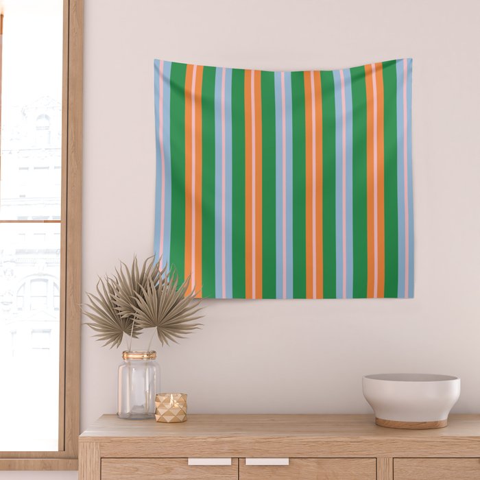 Colorful Stripes Bold Vertical Pattern in Green, Baby Blue, Orange, and Pink Wall Tapestry Gallery Image 2