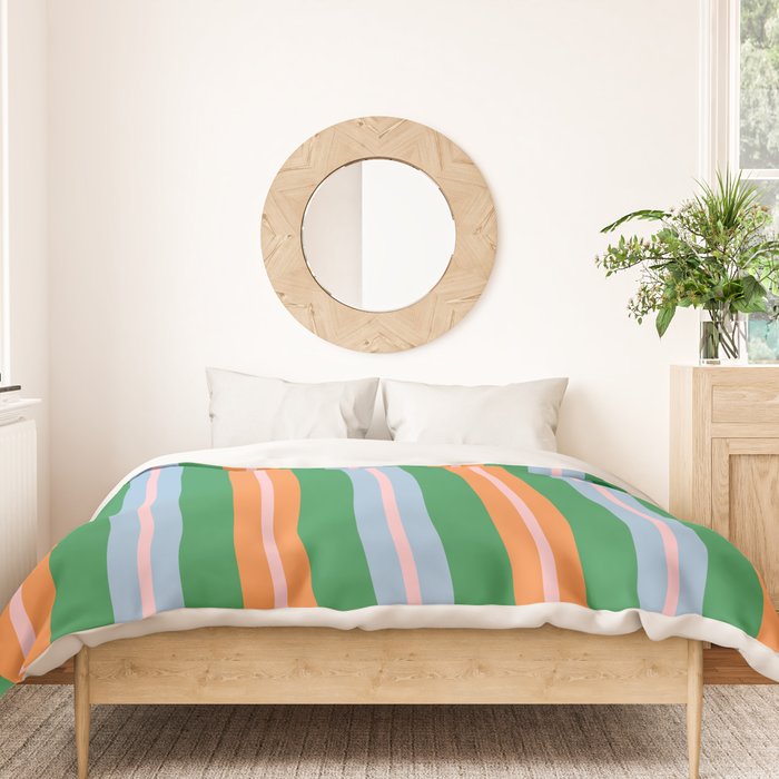 Colorful Stripes Bold Vertical Pattern in Green, Baby Blue, Orange, and Pink Duvet Cover Gallery Image 3