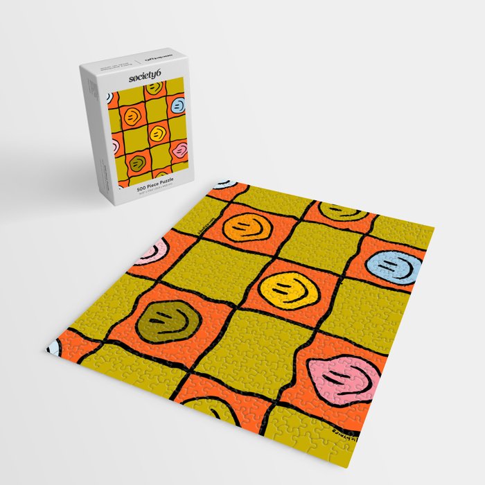 Green Happy Face Checkered Print Jigsaw Puzzle Gallery Image 2