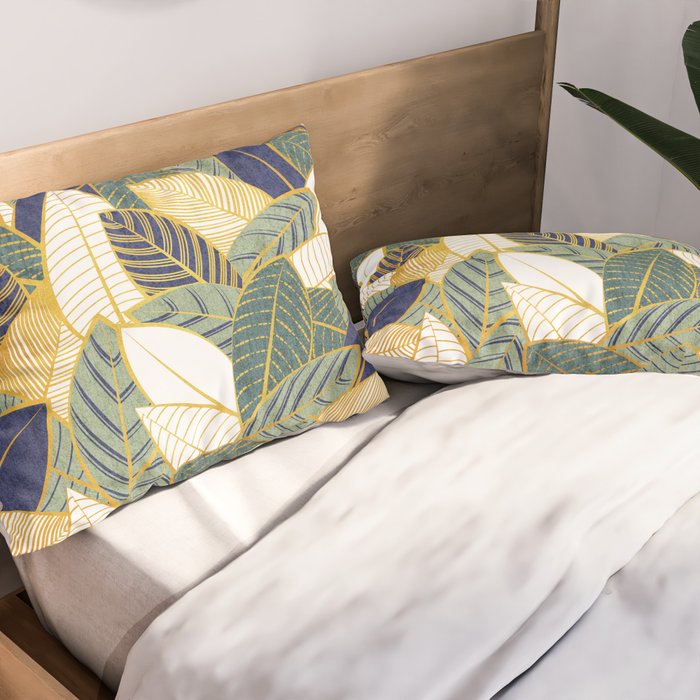 Leaf wall // navy blue pine and sage green leaves golden lines Pillow Sham Gallery Image 2
