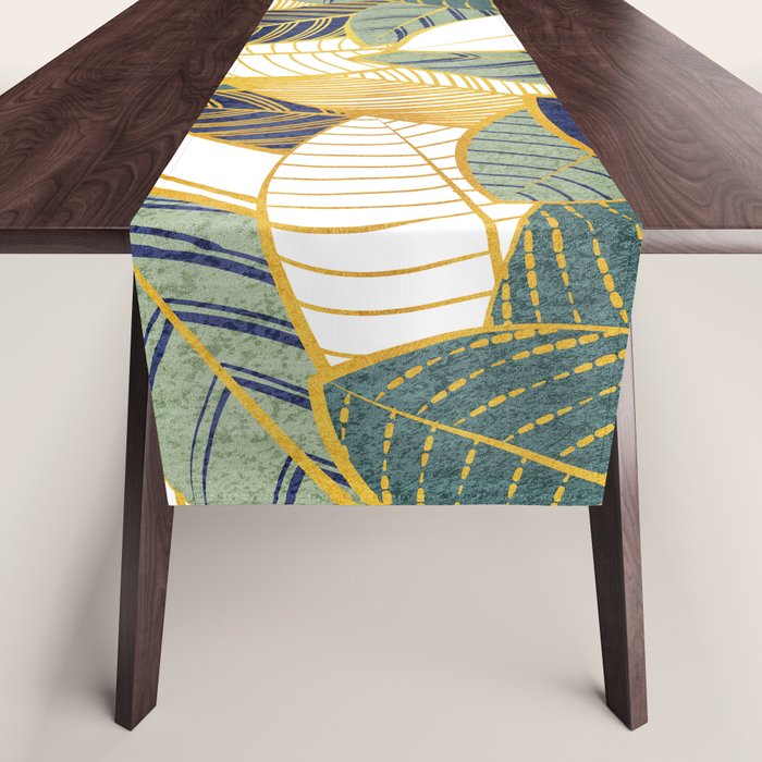 Leaf wall // navy blue pine and sage green leaves golden lines Table Runner Gallery Image 1
