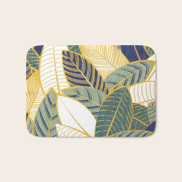 Leaf wall // navy blue pine and sage green leaves golden lines Bath Mat Gallery Image 1
