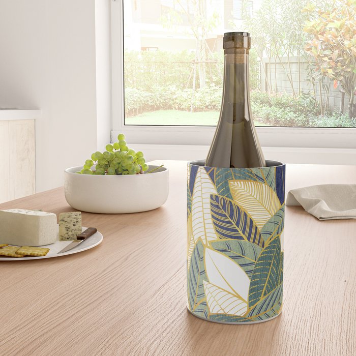 Leaf wall // navy blue pine and sage green leaves golden lines Wine Chiller Gallery Image 4