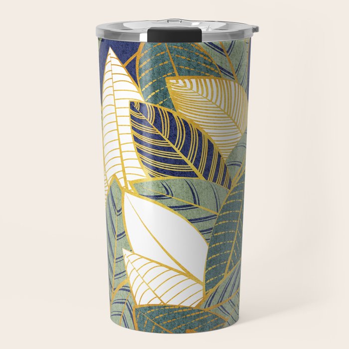Leaf wall // navy blue pine and sage green leaves golden lines Travel Mug Gallery Image 1
