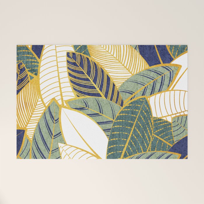 Leaf wall // navy blue pine and sage green leaves golden lines Welcome Mat Gallery Image 1