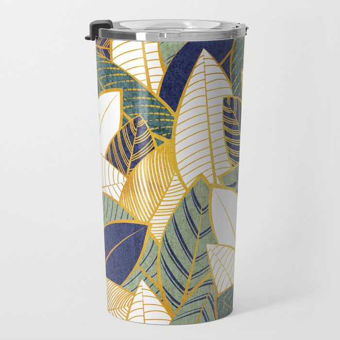 Leaf wall // navy blue pine and sage green leaves golden lines Travel Mug Gallery Image 3