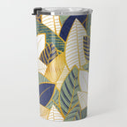 Leaf wall // navy blue pine and sage green leaves golden lines Travel Mug Gallery Image 3