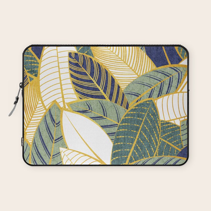 Leaf wall // navy blue pine and sage green leaves golden lines Laptop Sleeve Gallery Image 1