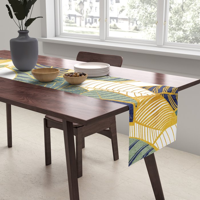 Leaf wall // navy blue pine and sage green leaves golden lines Table Runner Gallery Image 2