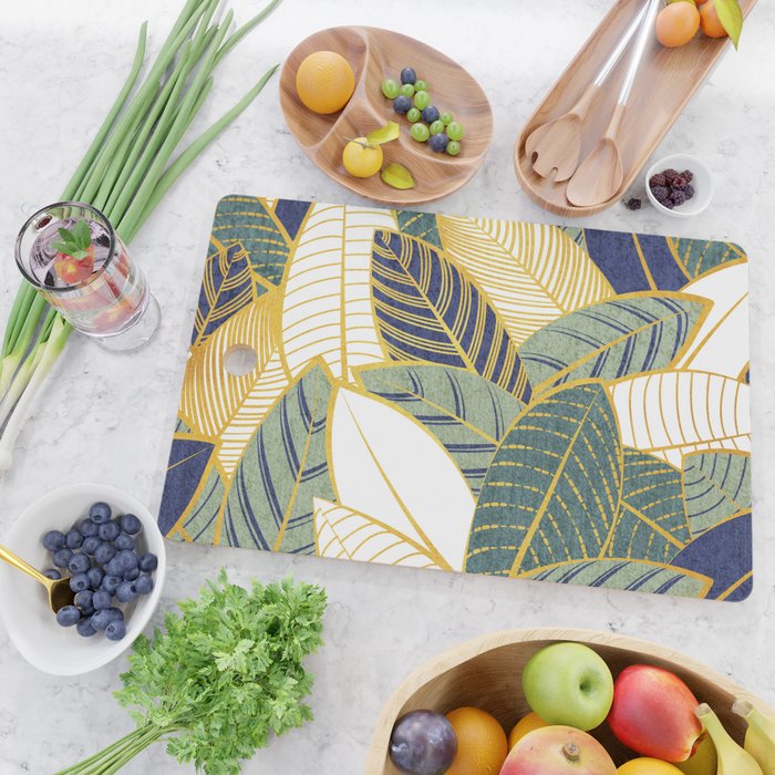 Leaf wall // navy blue pine and sage green leaves golden lines Cutting Board Gallery Image 2