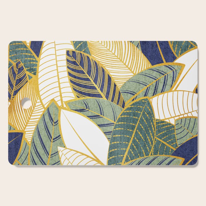 Leaf wall // navy blue pine and sage green leaves golden lines Cutting Board Gallery Image 1