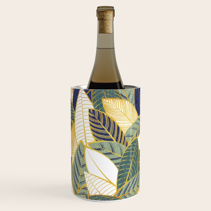 Leaf wall // navy blue pine and sage green leaves golden lines Wine Chiller Gallery Image 1