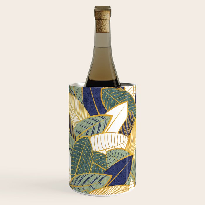 Leaf wall // navy blue pine and sage green leaves golden lines Wine Chiller Gallery Image 3