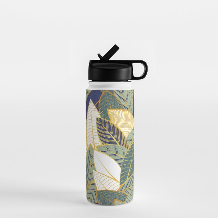 Leaf wall // navy blue pine and sage green leaves golden lines Water Bottle Gallery Image 1
