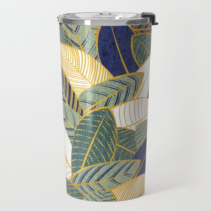 Leaf wall // navy blue pine and sage green leaves golden lines Travel Mug Gallery Image 2