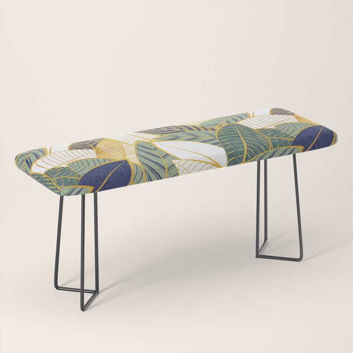 Leaf wall // navy blue pine and sage green leaves golden lines Bench