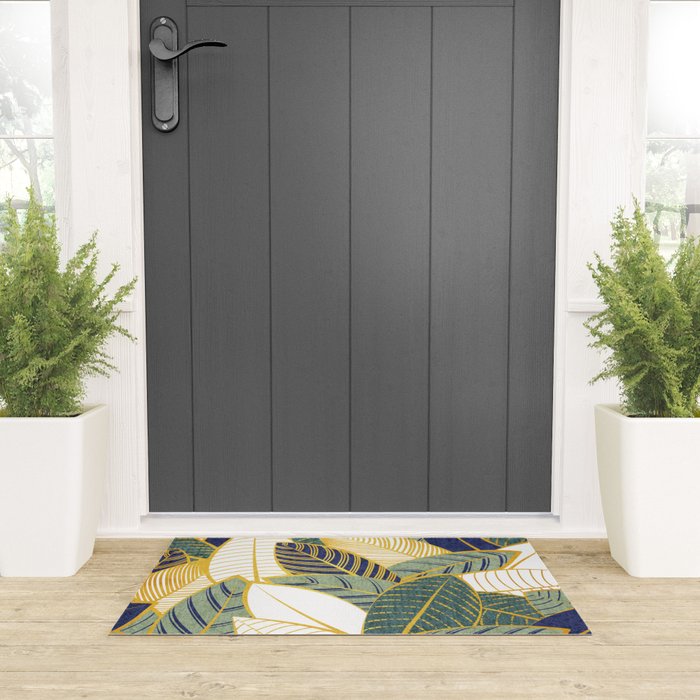 Leaf wall // navy blue pine and sage green leaves golden lines Welcome Mat Gallery Image 3