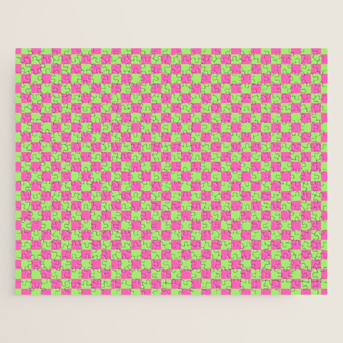 Mini Check Hot Pink and Neon Green Checkered Pattern Jigsaw Puzzle Gallery Image 1