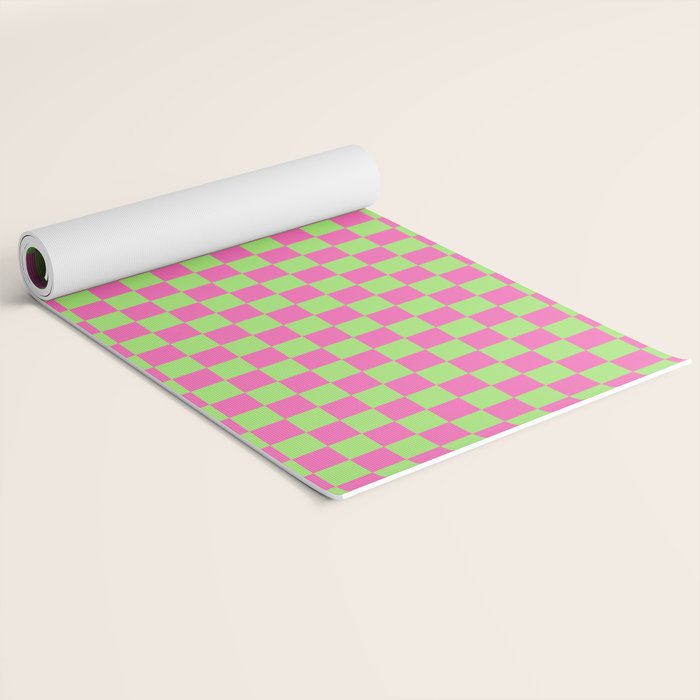 Mini Check Hot Pink and Neon Green Checkered Pattern Yoga Mat Gallery Image 2