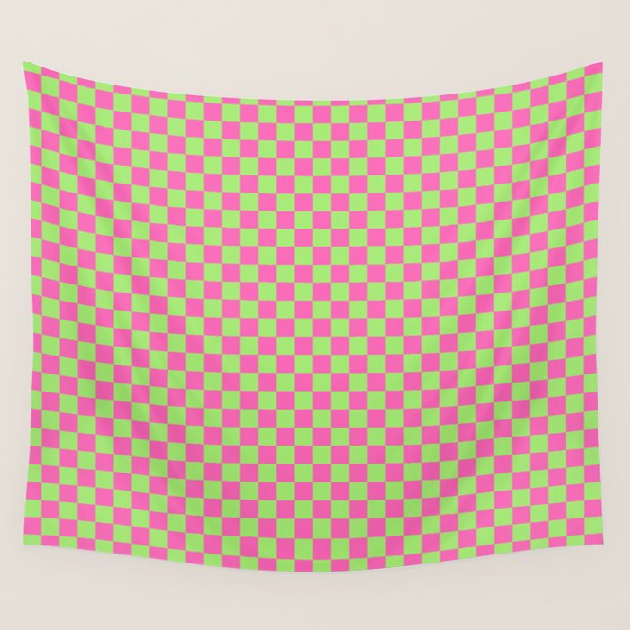 Mini Check Hot Pink and Neon Green Checkered Pattern Wall Tapestry Gallery Image 4
