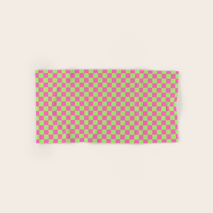 Mini Check Hot Pink and Neon Green Checkered Pattern Bath Towel Gallery Image 1