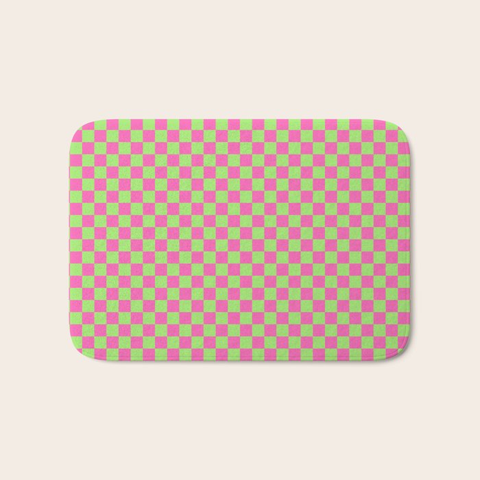 Mini Check Hot Pink and Neon Green Checkered Pattern Bath Mat Gallery Image 1