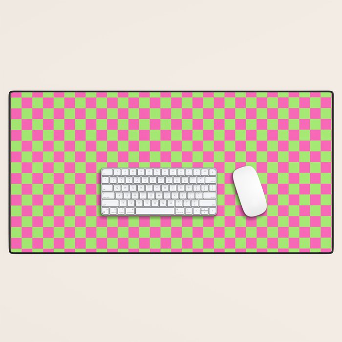 Mini Check Hot Pink and Neon Green Checkered Pattern Desk Mat Gallery Image 1