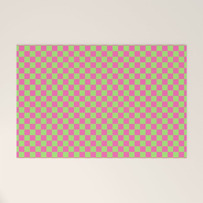 Mini Check Hot Pink and Neon Green Checkered Pattern Welcome Mat Gallery Image 1