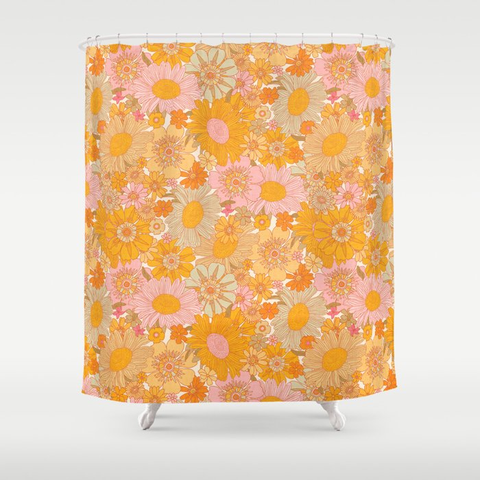 Retro Florals 70s Cream Shower Curtain Gallery Image 1