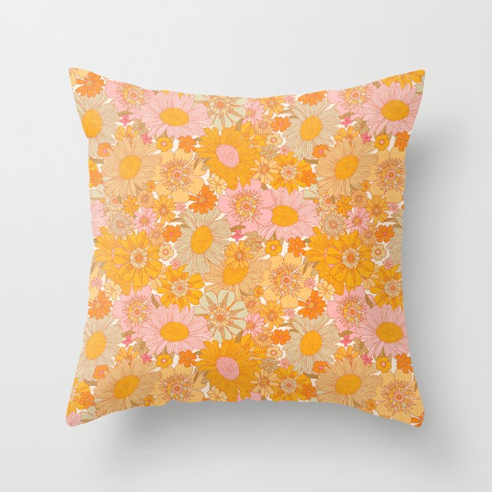 Retro Florals 70s Cream Throw Pillow Gallery Image 1
