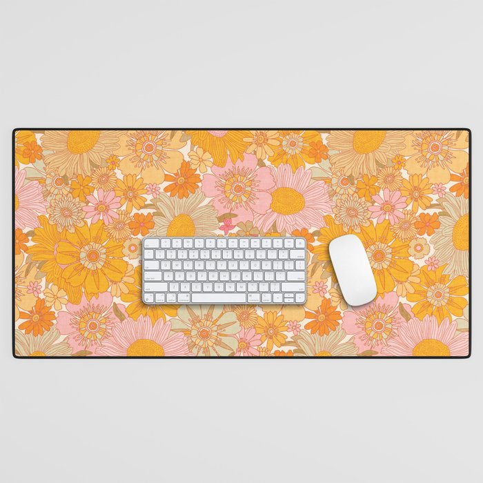 Retro Florals 70s Cream Desk Mat Gallery Image 1