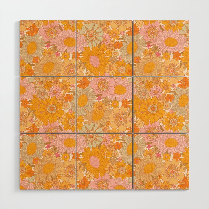 Retro Florals 70s Cream Wood Wall Art Gallery Image 1