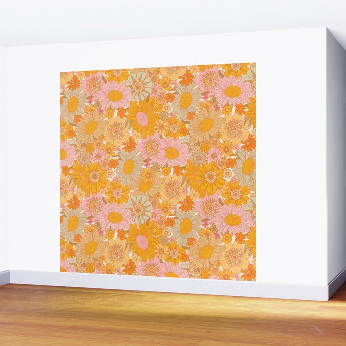 Retro Florals 70s Cream Wall Mural Gallery Image 2