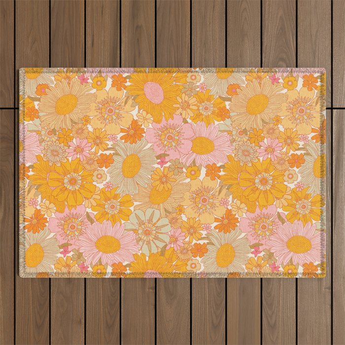 Retro Florals 70s Cream Outdoor Rug Gallery Image 1