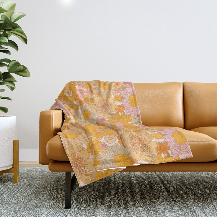 Retro Florals 70s Cream Throw Blanket Gallery Image 1