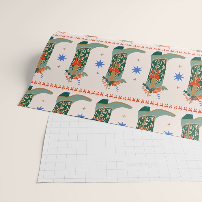 Festive Cowboy Boot Christmas Art  Whimsical Western Holiday Decor Wrapping Paper Gallery Image 2